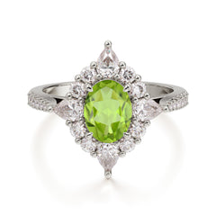 1.5CT Oval Cut Peridot Classic Side Stone Engagement Ring Unique Halo Bridal Ring