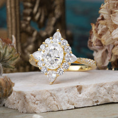 1.5CT Oval Cut Moissanite Classic Side Stone Engagement Ring Unique Halo Bridal Ring