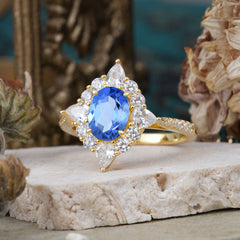 1.5CT Oval Cut Sapphire Classic Side Stone 4 Prong Engagement Ring Unique Halo Bridal Ring