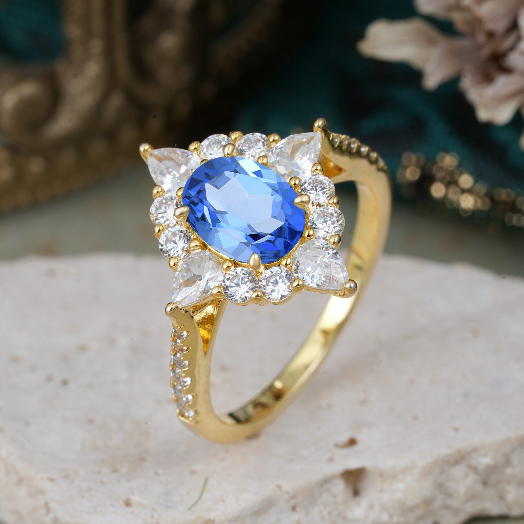 Luxury Oval Cut Halo Pavé Sapphire Engagement Ring - Additional view