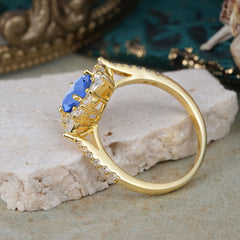 1.5CT Oval Cut Sapphire Classic Side Stone 4 Prong Engagement Ring Unique Halo Bridal Ring