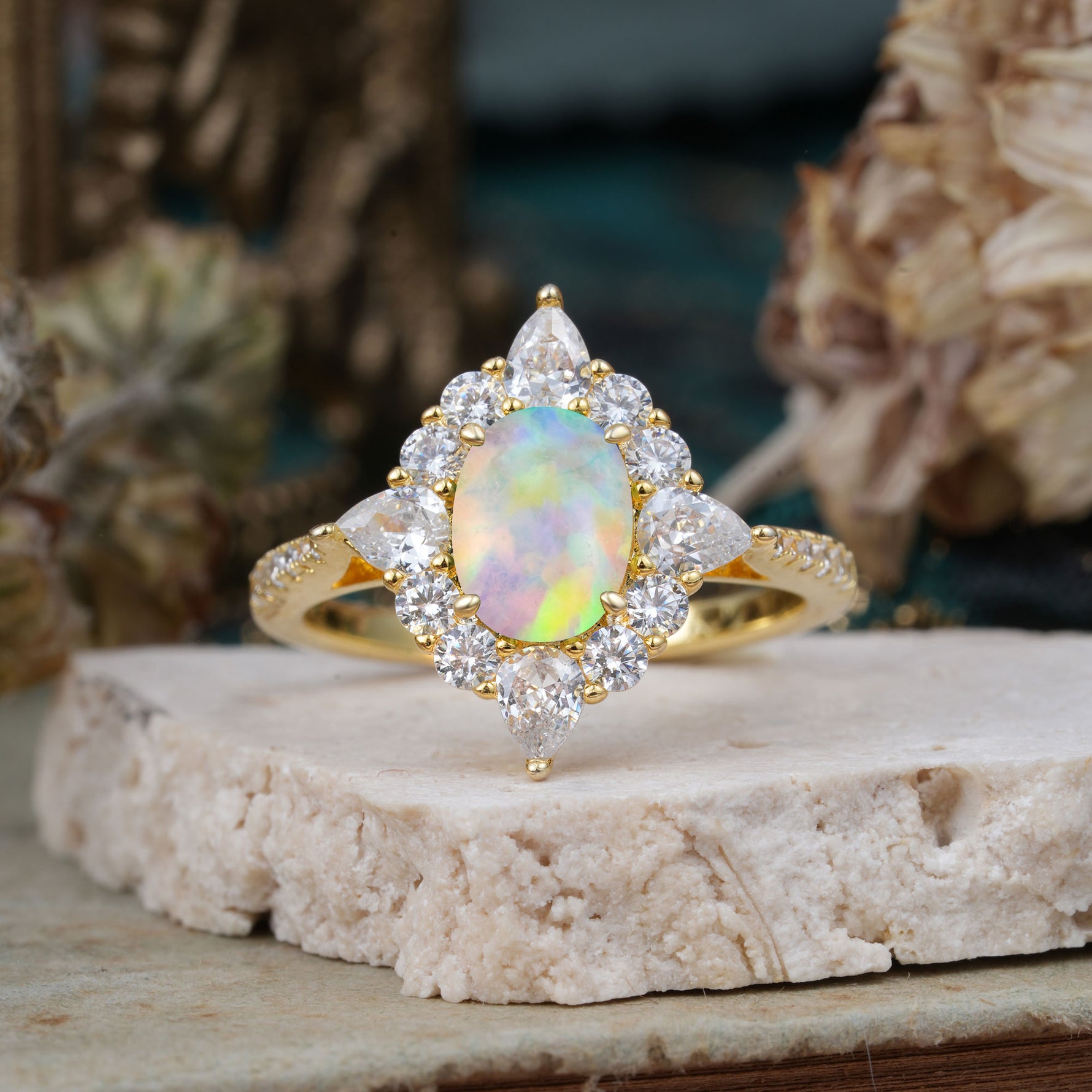Luxury Oval Cut Halo Pavé Fire Opal Engagement Ring - Additional view