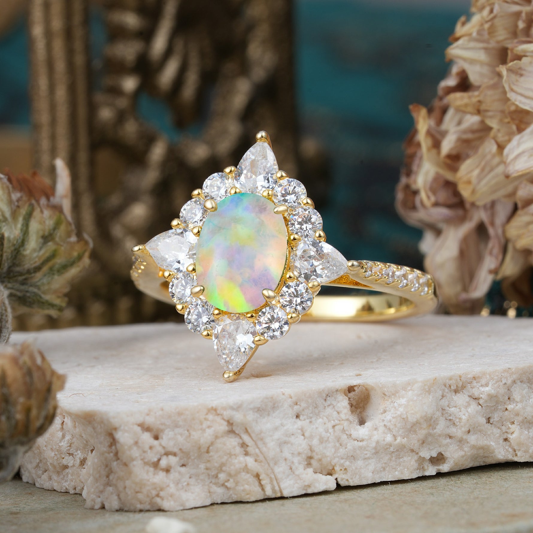 Luxury Oval Cut Halo Pavé Fire Opal Engagement Ring - Additional view
