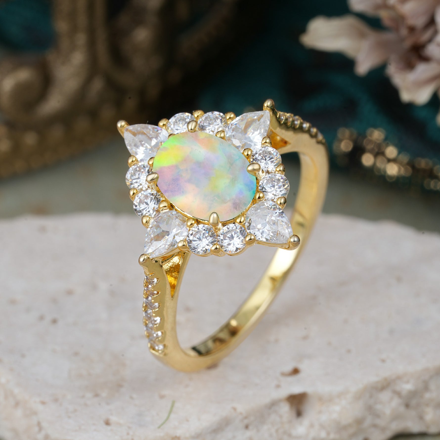 Luxury Oval Cut Halo Pavé Fire Opal Engagement Ring - Additional view