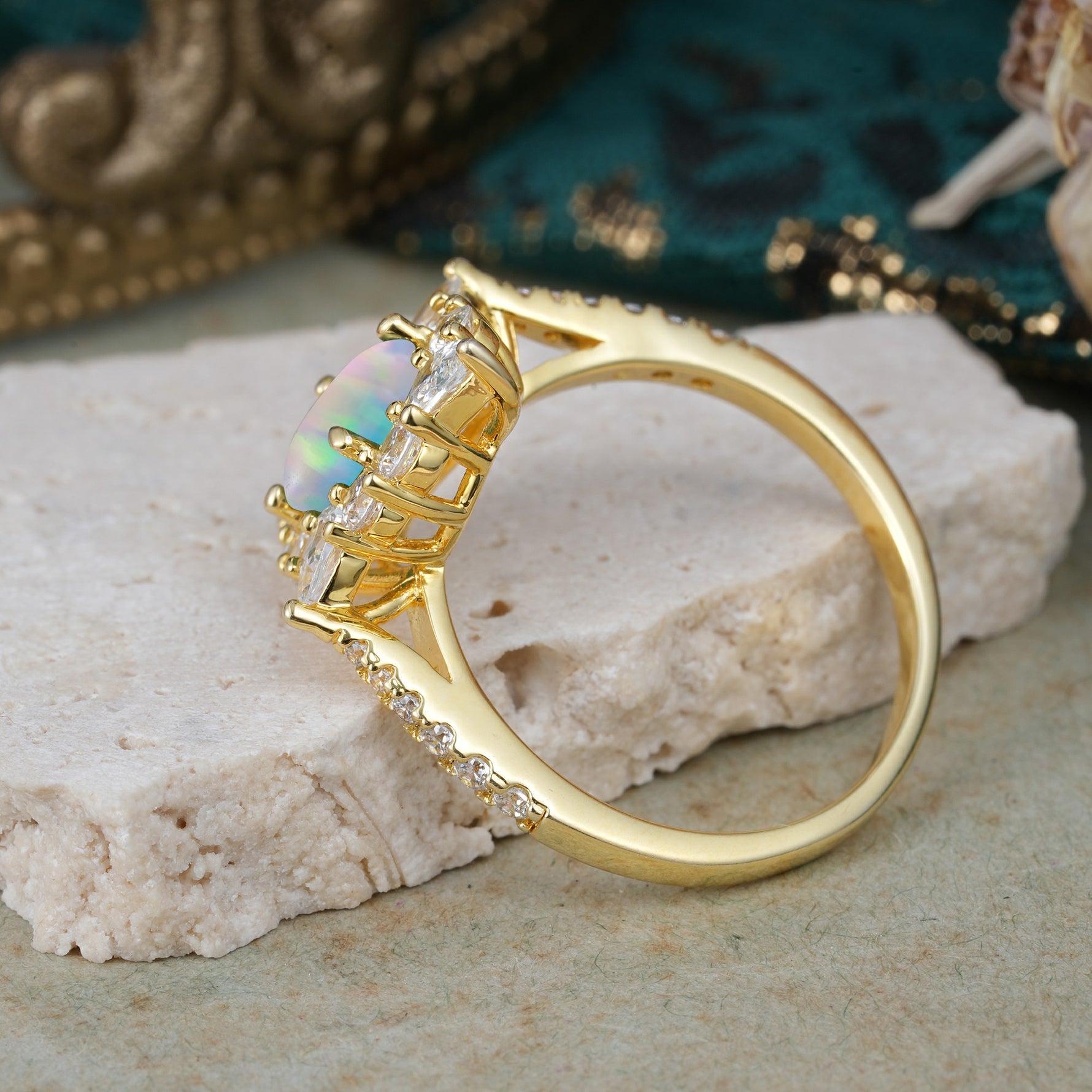 Luxury Oval Cut Halo Pavé Fire Opal Engagement Ring - Additional view