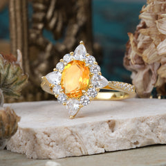 1.5CT Oval Cut Citrine Classic Side Stone 4 Prong Engagement Ring Unique Halo Bridal Ring