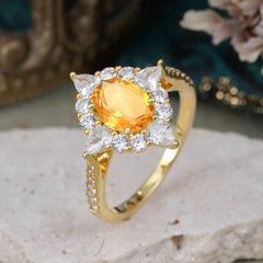 1.5CT Oval Cut Citrine Classic Side Stone 4 Prong Engagement Ring Unique Halo Bridal Ring