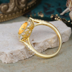 1.5CT Oval Cut Citrine Classic Side Stone 4 Prong Engagement Ring Unique Halo Bridal Ring