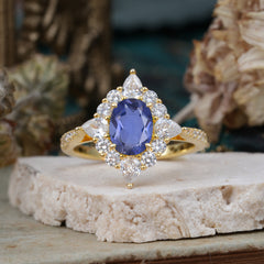 1.5CT Oval Cut Tanzanite Classic Side Stone 4 Prong Engagement Ring Unique Halo Bridal Ring