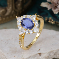1.5CT Oval Cut Tanzanite Classic Side Stone 4 Prong Engagement Ring Unique Halo Bridal Ring