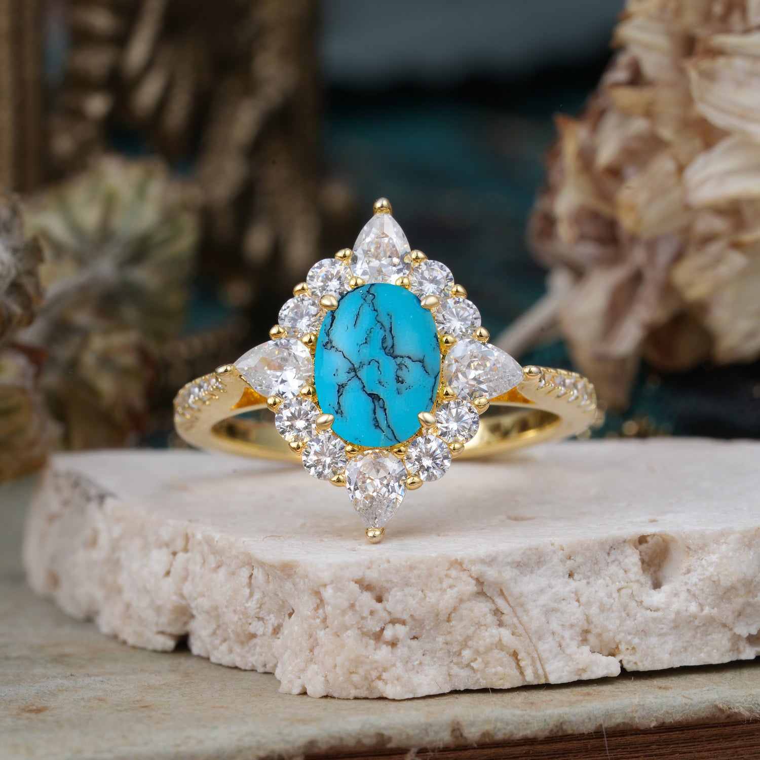 1.5CT Oval Cut Turquoise Classic Side Stone 4 Prong Engagement Ring Unique Halo Bridal Ring