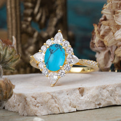 1.5CT Oval Cut Turquoise Classic Side Stone 4 Prong Engagement Ring Unique Halo Bridal Ring