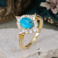 1.5CT Oval Cut Turquoise Classic Side Stone 4 Prong Engagement Ring Unique Halo Bridal Ring