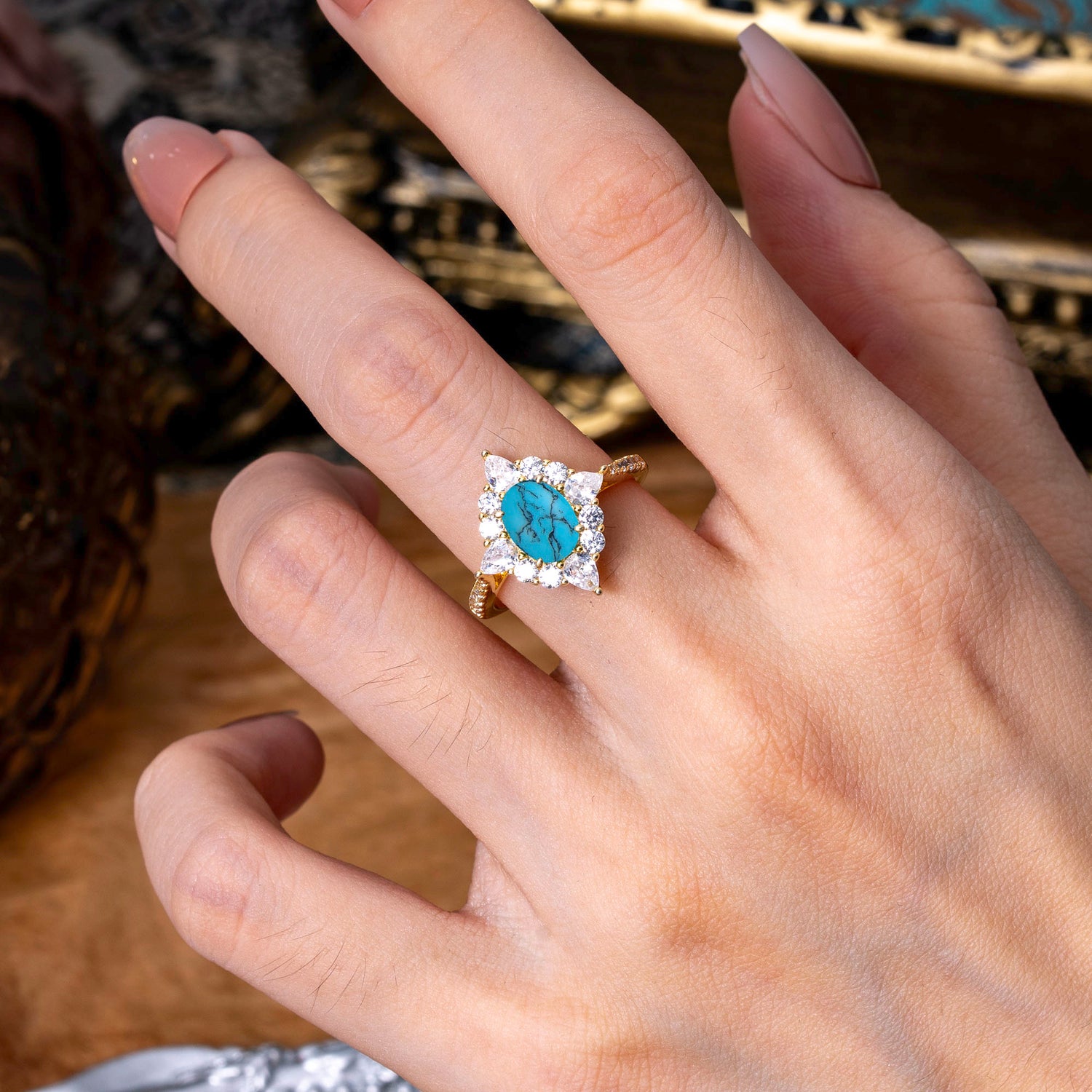 1.5CT Oval Cut Turquoise Classic Side Stone 4 Prong Engagement Ring Unique Halo Bridal Ring