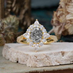 1.5CT Oval Cut Black Rutilated Quartz Classic Side Stone 4 Prong Engagement Ring Unique Halo Bridal Ring
