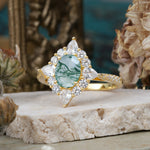 Luxury Oval Cut Halo Pavé Moss Agate Engagement Ring - Additional view