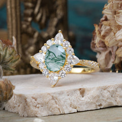 1.5CT Oval Cut Moss Agate Classic Side Stone Engagement Ring Unique Halo Bridal Ring