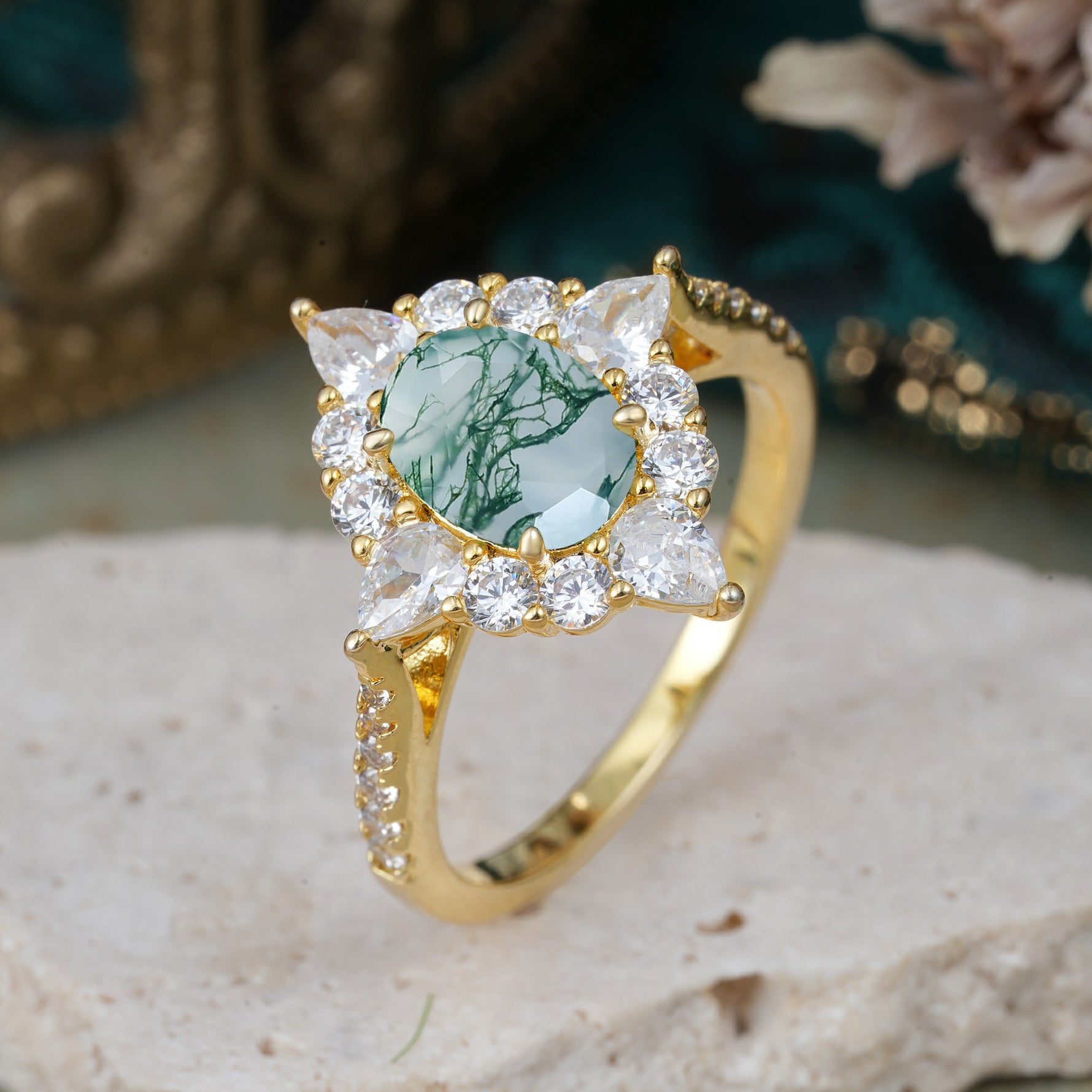 Luxury Oval Cut Halo Pavé Moss Agate Engagement Ring - Additional view