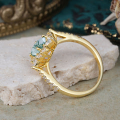 1.5CT Oval Cut Moss Agate Classic Side Stone Engagement Ring Unique Halo Bridal Ring