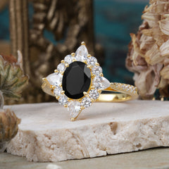 1.5CT Oval Cut Black Onyx Classic Side Stone Engagement Ring Unique Halo Bridal Ring