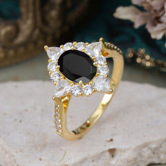 1.5CT Oval Cut Black Onyx Classic Side Stone Engagement Ring Unique Halo Bridal Ring