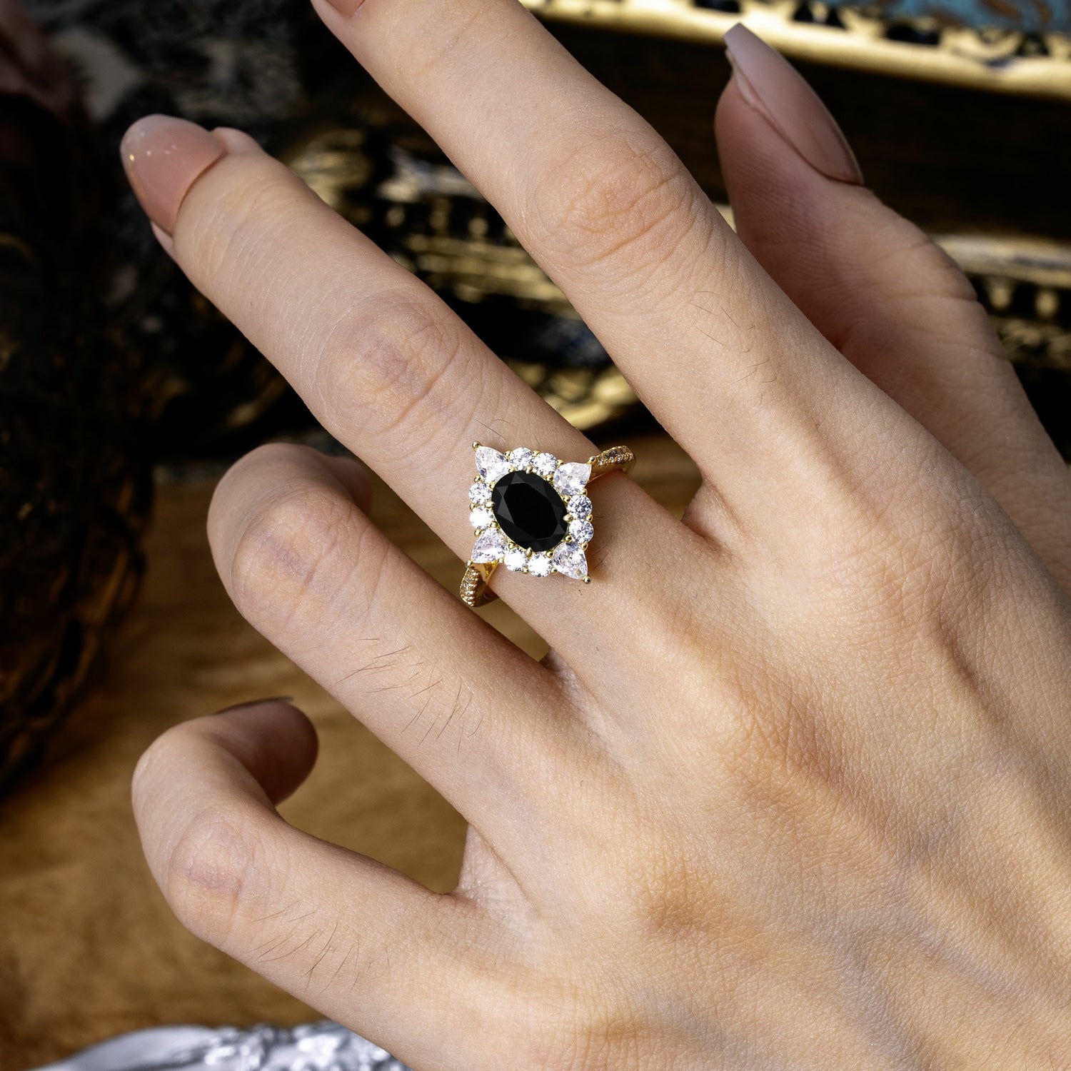 Luxury Oval Cut Halo Pavé Black Onyx Engagement Ring - Additional view