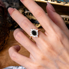 1.5CT Oval Cut Black Onyx Classic Side Stone Engagement Ring Unique Halo Bridal Ring