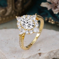1.5CT Oval Cut Lab Diamond Classic Side Stone 4 Prong Engagement Ring Unique Halo Bridal Ring
