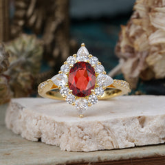 1.5CT Oval Cut Garnet Classic Side Stone 4 Prong Engagement Ring Unique Halo Bridal Ring