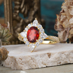 1.5CT Oval Cut Garnet Classic Side Stone 4 Prong Engagement Ring Unique Halo Bridal Ring