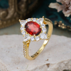 1.5CT Oval Cut Garnet Classic Side Stone 4 Prong Engagement Ring Unique Halo Bridal Ring