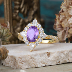 1.5CT Oval Cut Amethyst Classic Side Stone 4 Prong Engagement Ring Unique Halo Bridal Ring