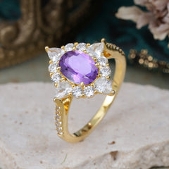 1.5CT Oval Cut Amethyst Classic Side Stone 4 Prong Engagement Ring Unique Halo Bridal Ring