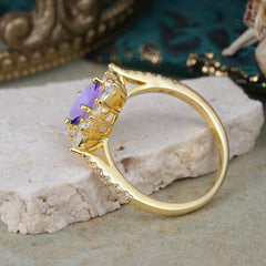 1.5CT Oval Cut Amethyst Classic Side Stone 4 Prong Engagement Ring Unique Halo Bridal Ring
