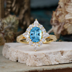 1.5CT Oval Cut Aquamarinee Classic Side Stone Engagement Ring Unique Halo Bridal Ring