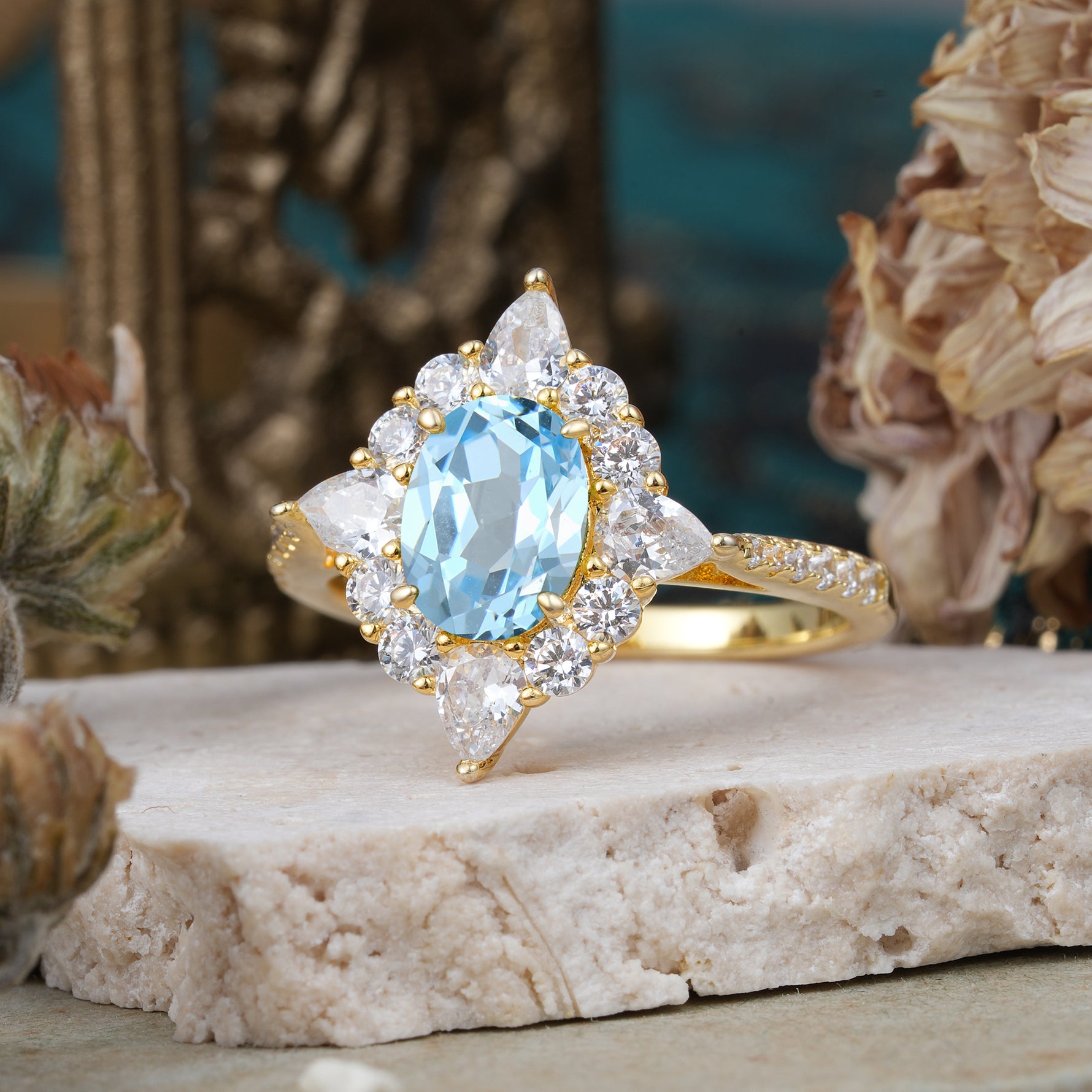 Luxury Oval Cut Halo Pavé Aquamarine Engagement Ring - Additional view