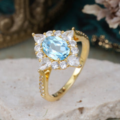 1.5CT Oval Cut Aquamarinee Classic Side Stone Engagement Ring Unique Halo Bridal Ring