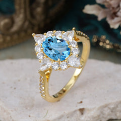 1.5CT Oval Cut Aquamarinee Classic Side Stone Engagement Ring Unique Halo Bridal Ring