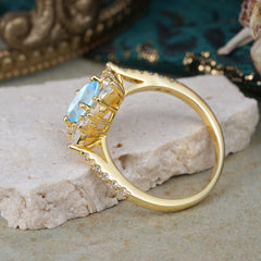 1.5CT Oval Cut Aquamarinee Classic Side Stone Engagement Ring Unique Halo Bridal Ring