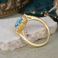 1.5CT Oval Cut Aquamarinee Classic Side Stone Engagement Ring Unique Halo Bridal Ring