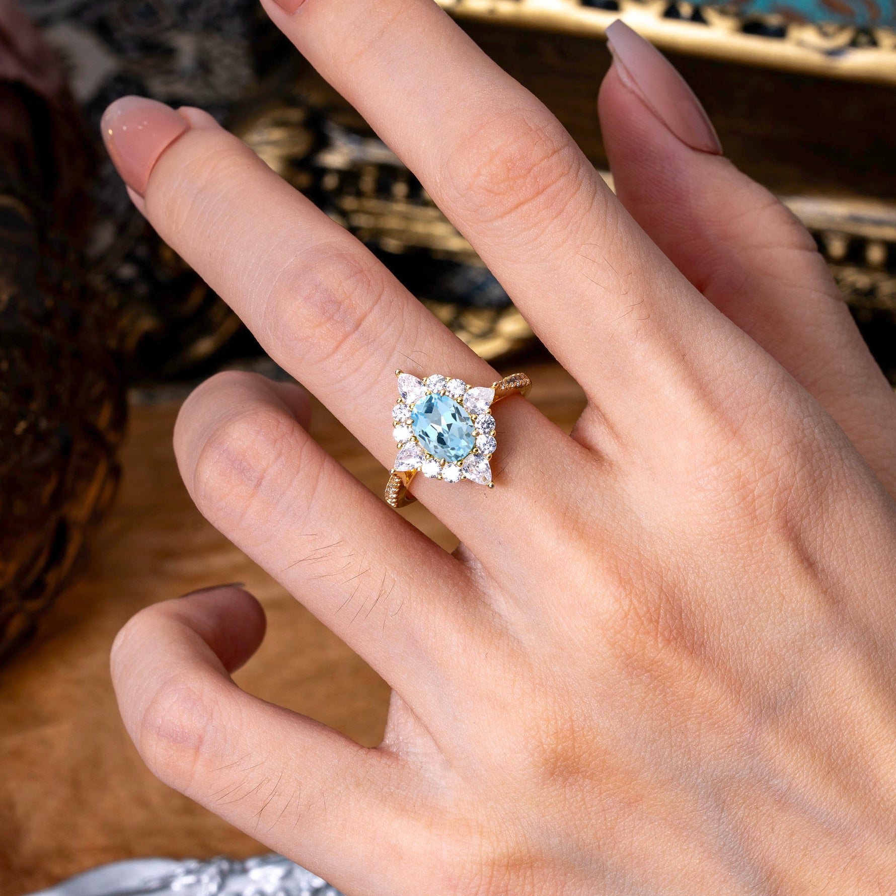 Luxury Oval Cut Halo Pavé Aquamarine Engagement Ring - Additional view