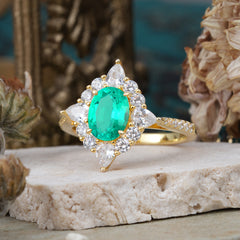 1.5CT Oval Cut  Emerald Classic Side Stone 4 Prong Engagement Ring Unique Halo Bridal Ring