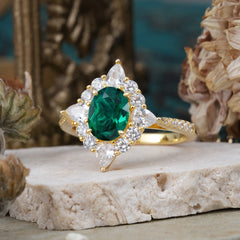 1.5CT Oval Cut  Emerald Classic Side Stone 4 Prong Engagement Ring Unique Halo Bridal Ring