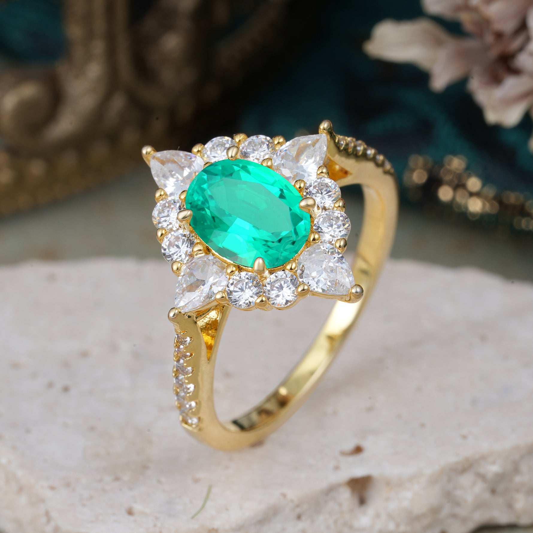 Luxury Oval Cut Halo Pavé Emerald Engagement Ring - Additional view