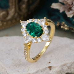 1.5CT Oval Cut  Emerald Classic Side Stone 4 Prong Engagement Ring Unique Halo Bridal Ring