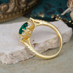 1.5CT Oval Cut  Emerald Classic Side Stone 4 Prong Engagement Ring Unique Halo Bridal Ring