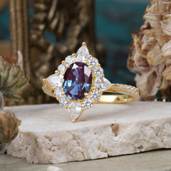 1.5CT Oval Cut Alexandrite Classic Side Stone 4 Prong Engagement Ring Unique Halo Bridal Ring