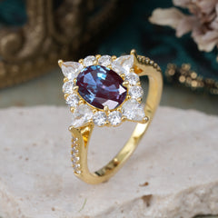 1.5CT Oval Cut Alexandrite Classic Side Stone 4 Prong Engagement Ring Unique Halo Bridal Ring