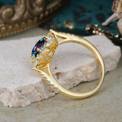 1.5CT Oval Cut Alexandrite Classic Side Stone 4 Prong Engagement Ring Unique Halo Bridal Ring