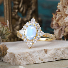 1.5CT Oval Cut Moonstone Classic Side Stone 4 Prong Engagement Ring Unique Halo Bridal Ring